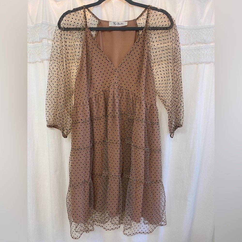 Polka Dot Mini Dress - Tan and Black - Size L - Bell Sheer Sleeves